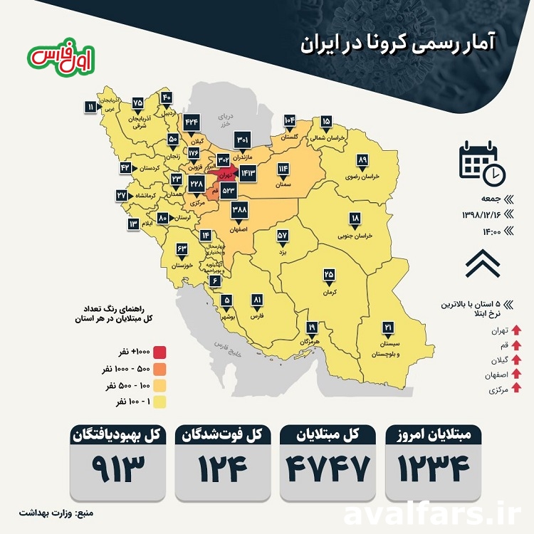 نقشه پراکنش بیماران کرونایی در ایران تا تاریخ 1398/12/16