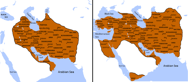 سمت راست نقشهٔ اوج قدرت ساسانیان و سمت چپ مرزهای سنتی ساسانیان.