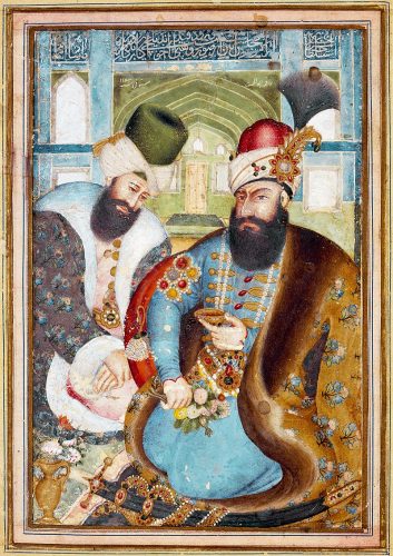 Miniature pasted on cardboard. Karim Khan Zand with the Ottoman Ambassador Vehbi Effendi. Attributed to Abul Hasan Mustawfi Iran 1775 Sahand Ace